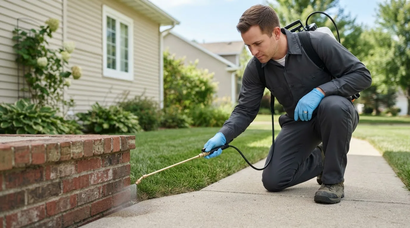 Pest control technician treating a home near Grandy, MN